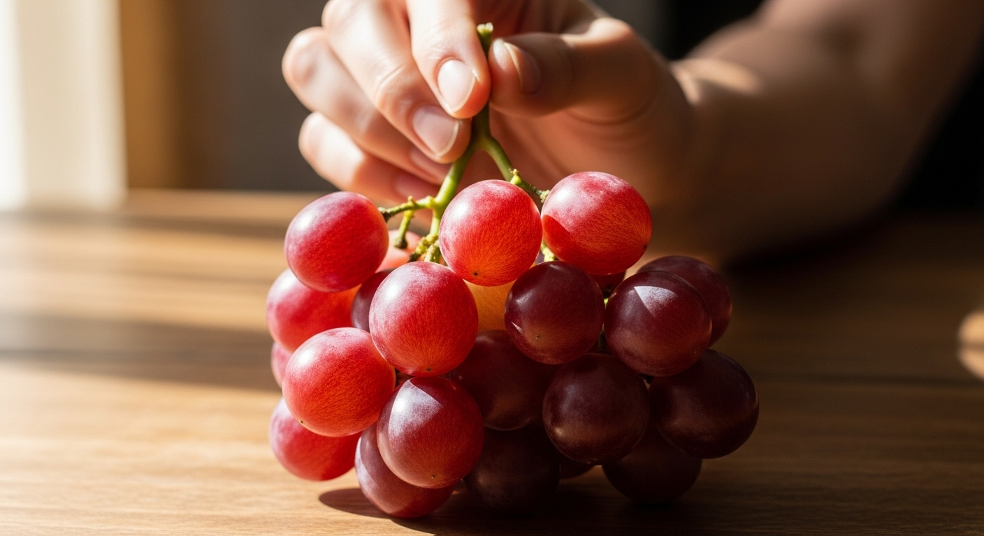 Cận cảnh bàn tay nhẹ nhàng giữ chùm nho đỏ tươi ngon, căng mọng, có lớp phấn tự nhiên, lý tưởng cho việc bóc vỏ nho bằng tăm, trên bàn gỗ mộc dưới ánh sáng tự nhiên.