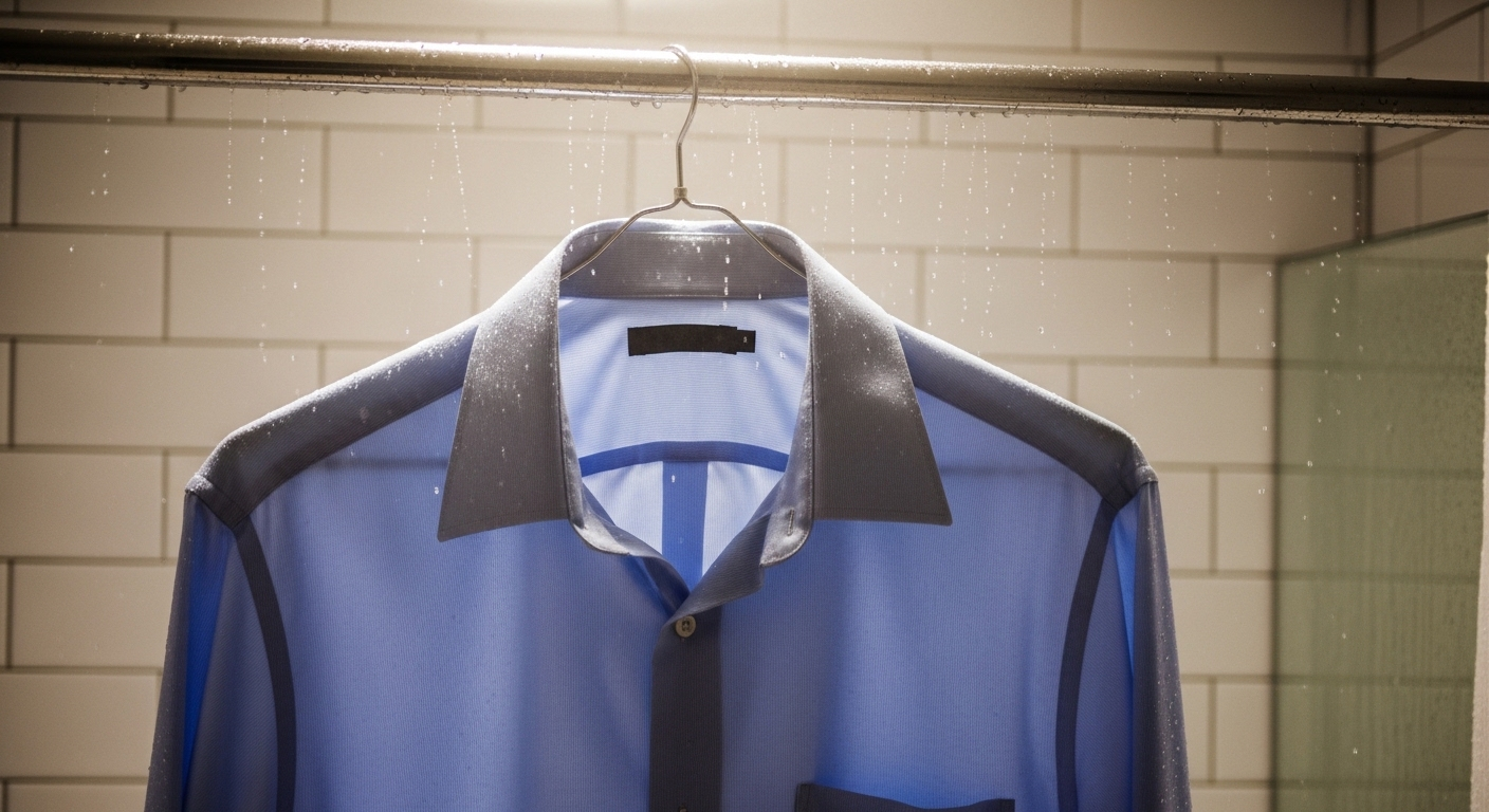 Áo sơ mi công sở nhăn nhẹ treo trong phòng tắm hơi, tình trạng cần giải quyết bằng tác dụng của việc cho đá lạnh vào máy sấy quần áo để làm phẳng. Áo sơ mi công sở nhăn nhẹ treo trong phòng tắm hơi, tình trạng cần giải quyết bằng tác dụng của việc cho đá lạnh vào máy sấy quần áo để làm phẳng.