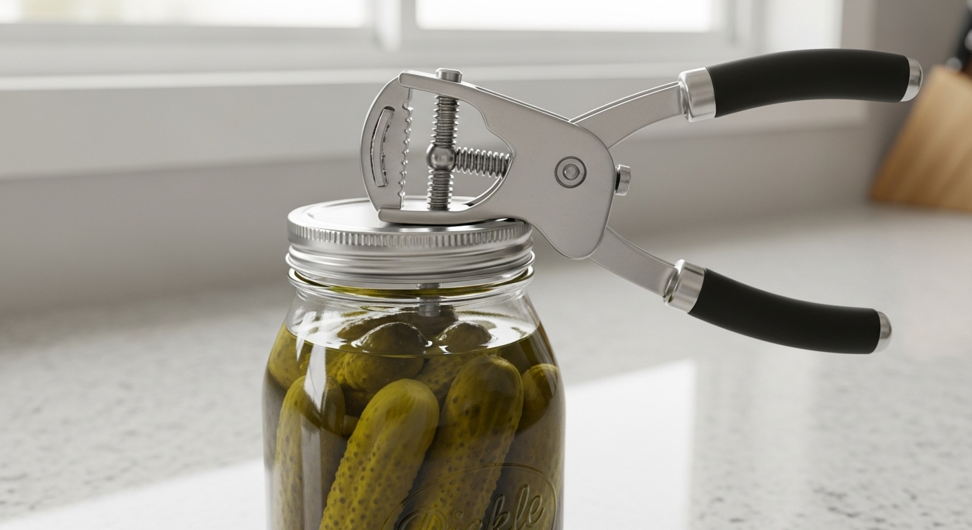 Dụng cụ kẹp chuyên dụng đang mở nắp kim loại của lọ dưa chuột thủy tinh trên bàn bếp sạch sẽ.