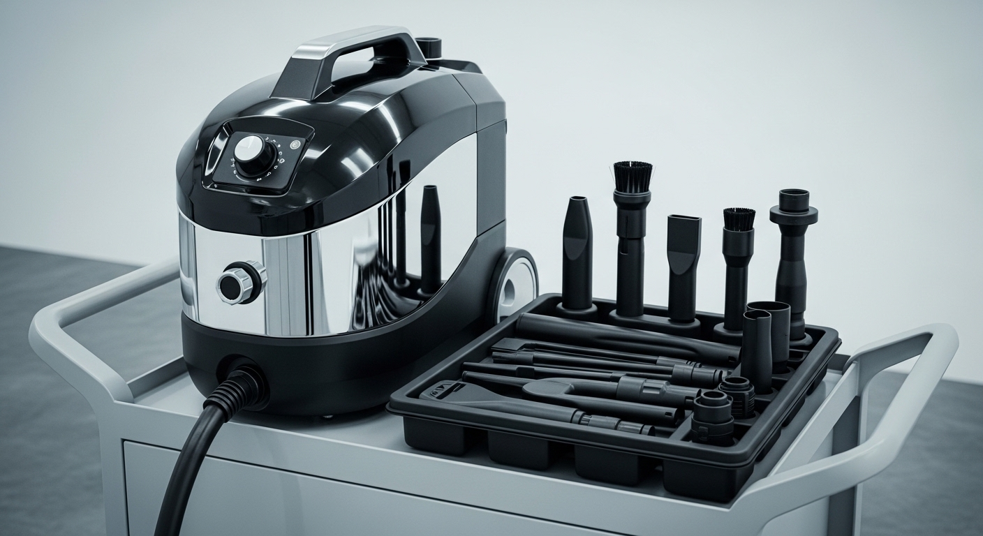 Máy vệ sinh bằng hơi nước nóng hiện đại, bóng bẩy trên xe đẩy, đi kèm bộ phụ kiện chuyên dụng đa năng.