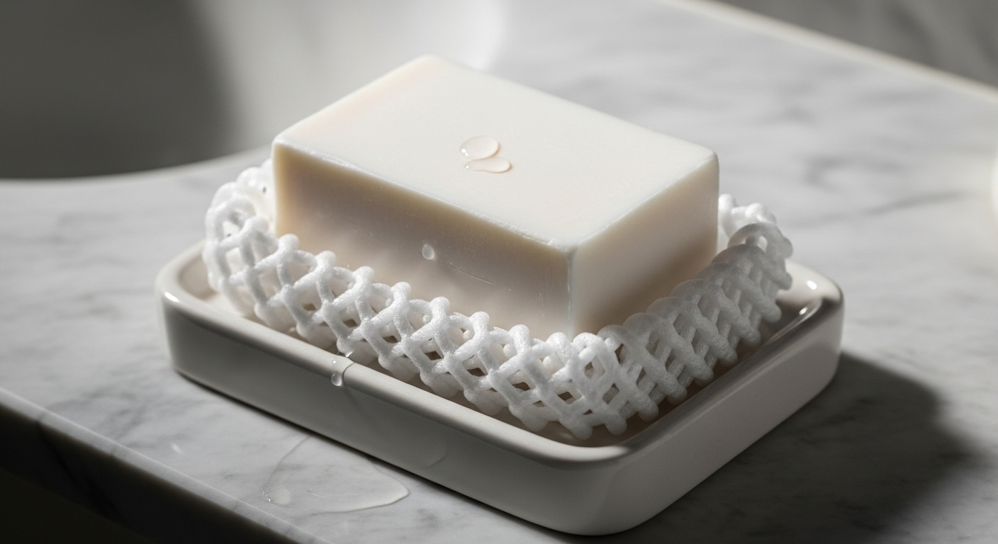 Bánh xà phòng trắng tinh đặt trên miếng lưới bọc hoa quả sạch, trong đĩa sứ trên bàn phòng tắm. Miếng lưới tận dụng công dụng của lưới bọc hoa quả giúp thoát nước và lưu thông khí, giữ xà phòng luôn khô ráo.