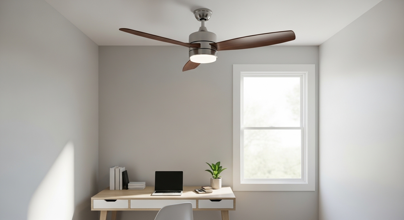 Quạt trần 3 cánh nhỏ gọn trong văn phòng làm việc tại nhà tối giản, minh họa thực tế cho việc nên mua quạt bao nhiêu cánh phù hợp không gian nhỏ.