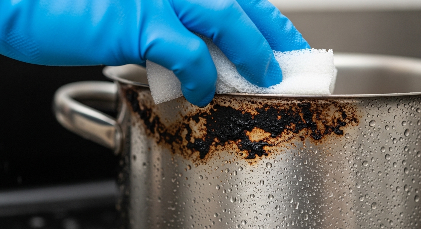 Cận cảnh tay đeo găng cao su đang cọ rửa vết cháy đen trên nồi inox. Vết bẩn cứng đầu bong ra, hé lộ bề mặt sáng bóng, giúp tẩy trắng xoong nồi bằng mẻ hiệu quả.