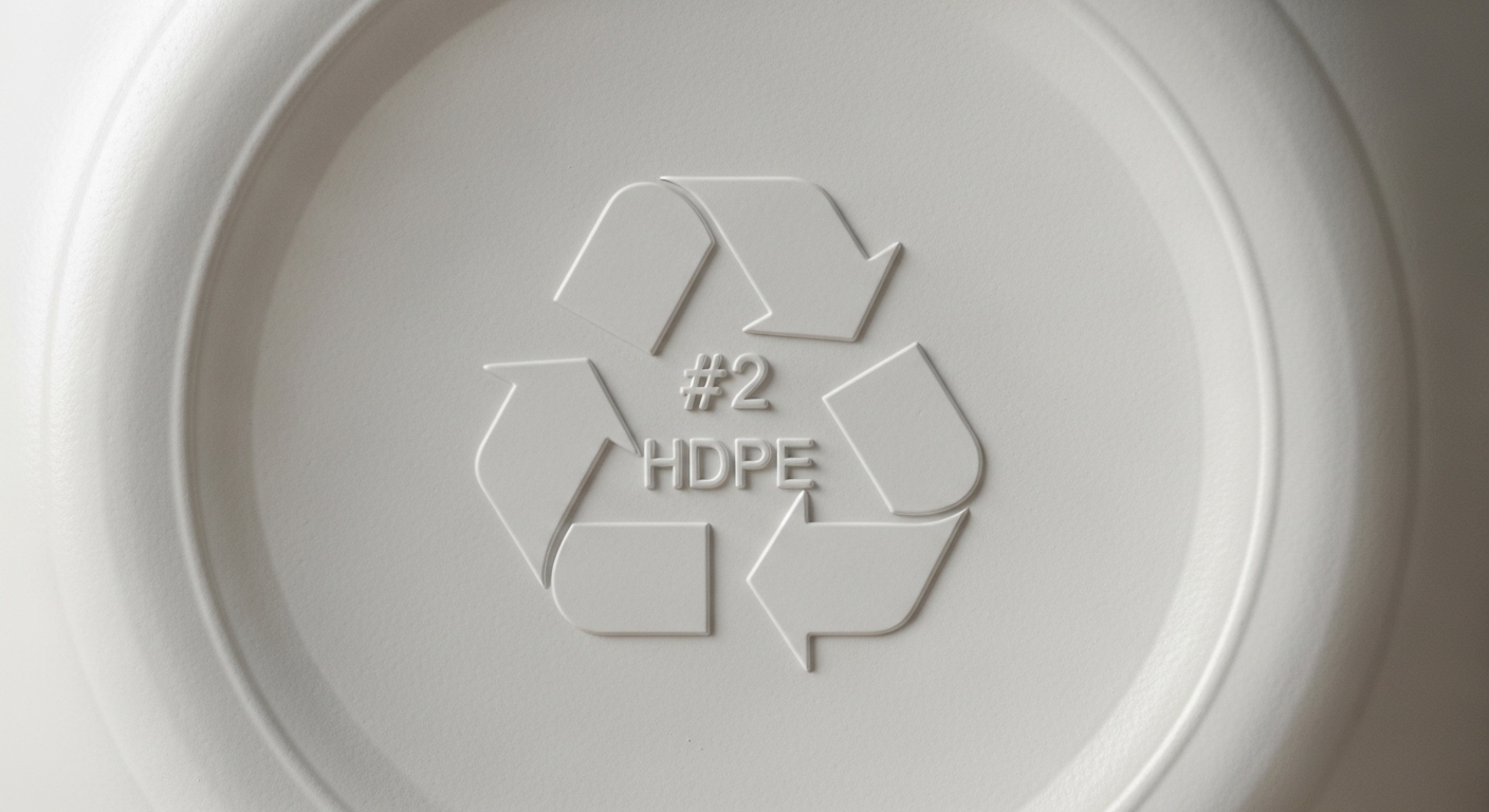 Đáy bình sữa nhựa trắng sạch với biểu tượng tái chế số 2 (HDPE) rõ ràng, minh họa đồ nhựa an toàn thực phẩm.