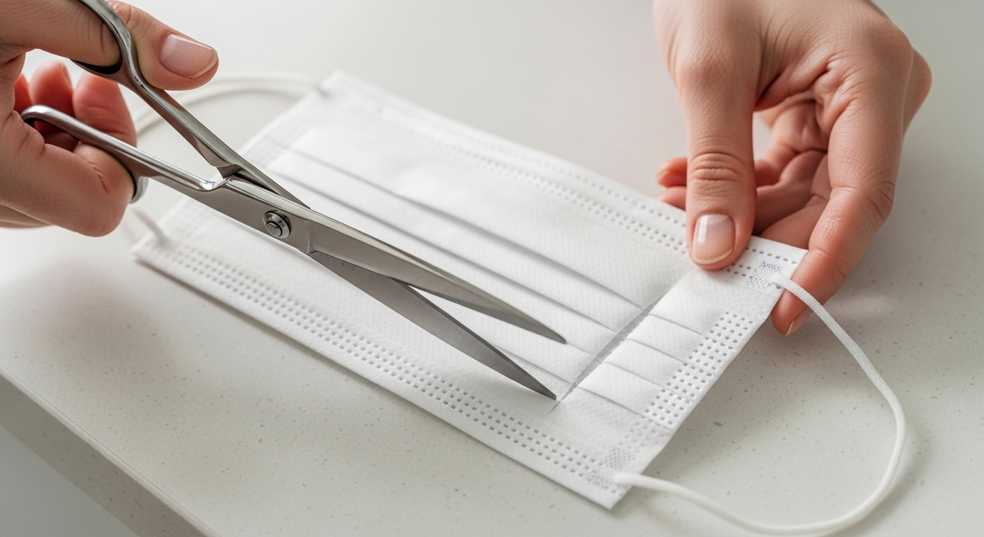 Cận cảnh đôi tay cẩn thận dùng kéo cắt khẩu trang y tế trắng tinh trên mặt bàn bếp, chuẩn bị hoặc điều chỉnh để phát huy tối đa tác dụng của việc đặt khẩu trang vào tủ lạnh.