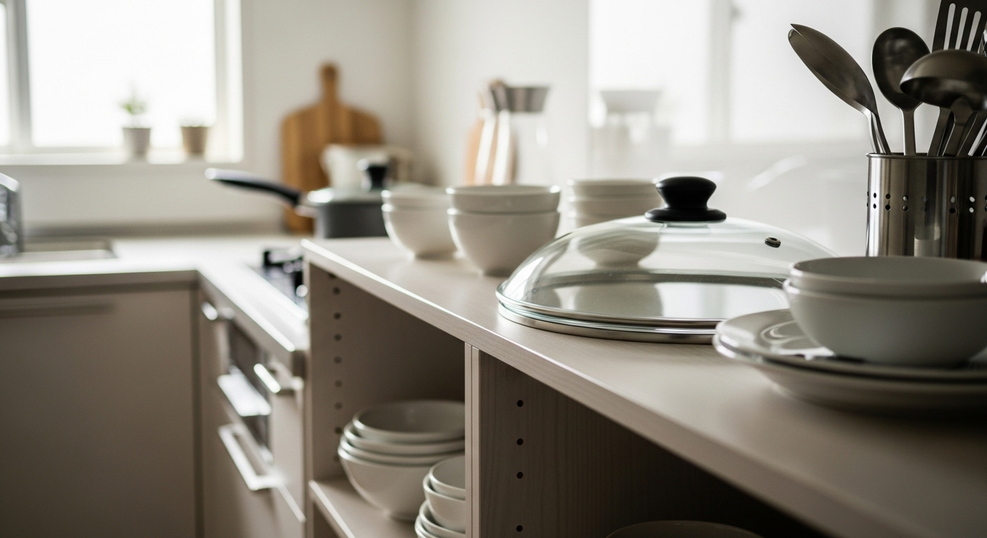 Vung nồi thủy tinh sạch bóng cất gọn trên kệ mở trong căn bếp minimalist, thể hiện sự kỹ lưỡng trong việc làm sạch vung nồi.