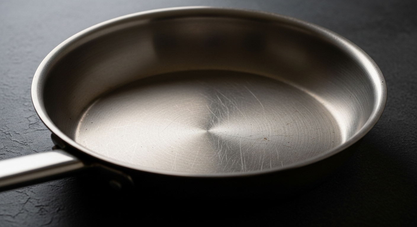 Cận cảnh chảo inox cũ, bề mặt bị xước nhẹ và xỉn màu trên mặt bàn tối, minh họa những sai lầm làm hỏng nồi inox.