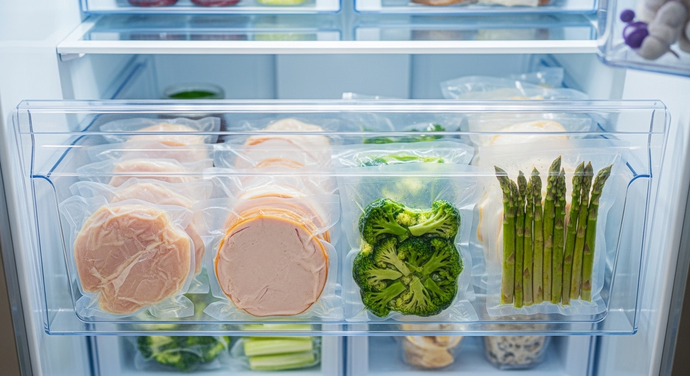 Các gói thực phẩm như thịt gia cầm, rau xanh được bảo quản thực phẩm bằng hút chân không gọn gàng trong ngăn tủ lạnh, giữ độ tươi ngon.