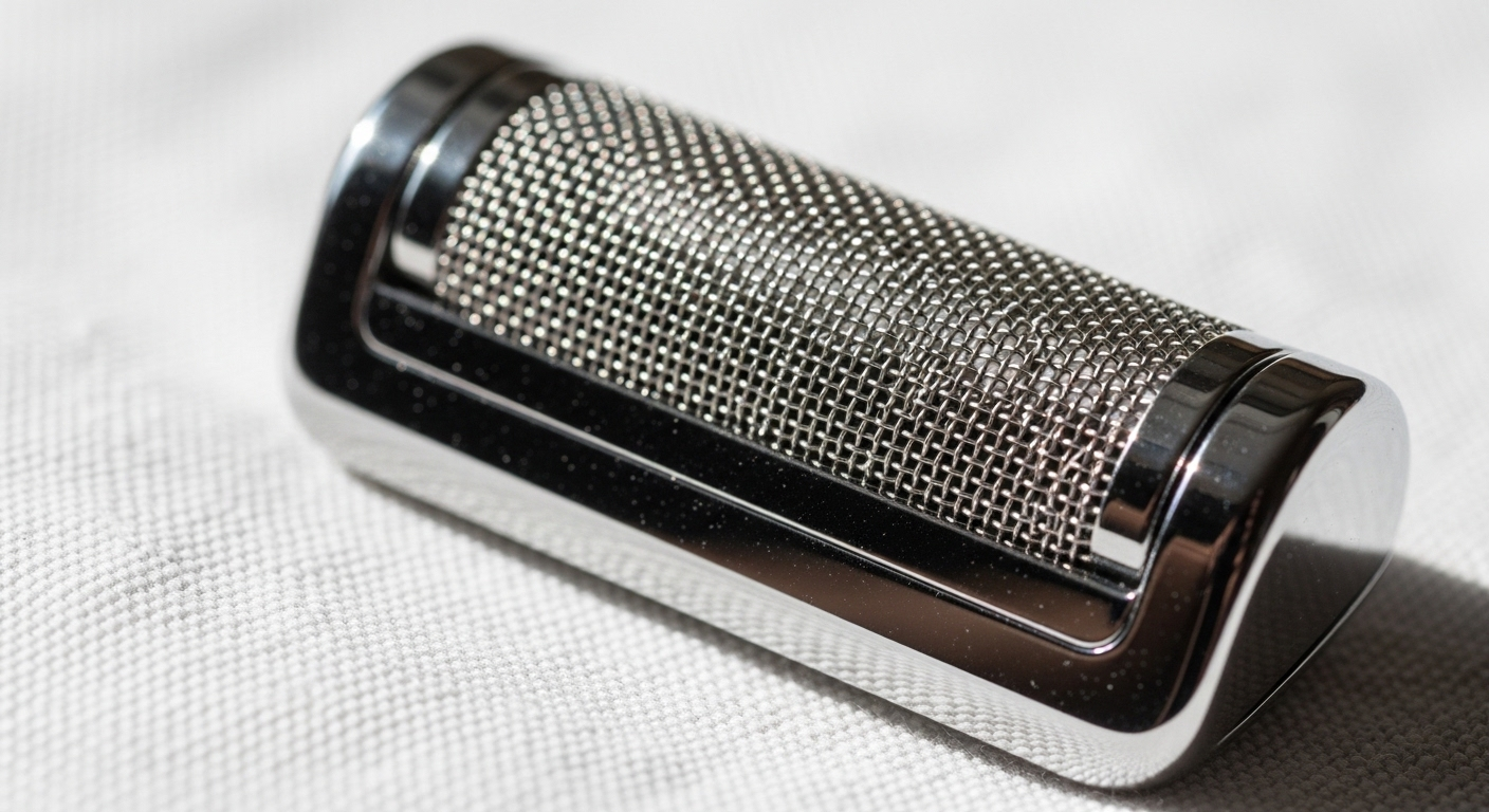 Các bộ phận cắt kim loại máy cạo râu điện tháo rời, đang ngâm trong giấm trắng sủi bọt trong bát thủy tinh trong suốt. Một Mẹo làm sắc máy cạo râu và vệ sinh hiệu quả.