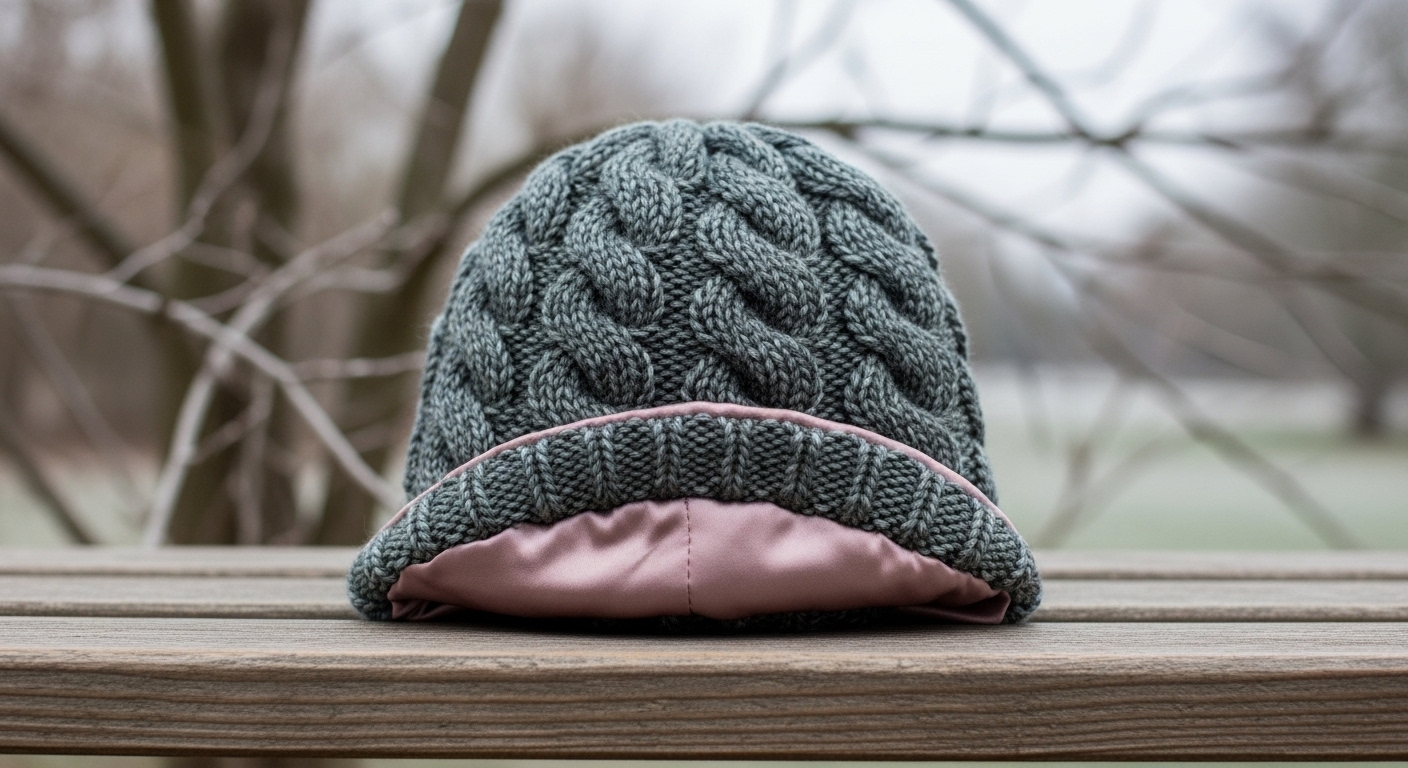 Mũ len mùa đông mềm mại, màu trầm, kết cấu đan nổi bật, với lớp lót satin tinh tế. Đặt trên ghế gỗ mộc, chiếc mũ này giúp giữ ấm và chăm sóc tóc mùa đông khỏi khô hanh, giá lạnh.
