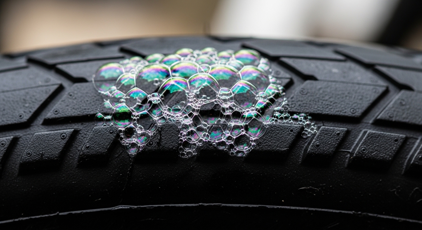 Cận cảnh bong bóng xà phòng óng ánh nở trên lốp xe đạp đen, minh họa công dụng của xà phòng để phát hiện lỗ thủng hoặc rò rỉ khí.