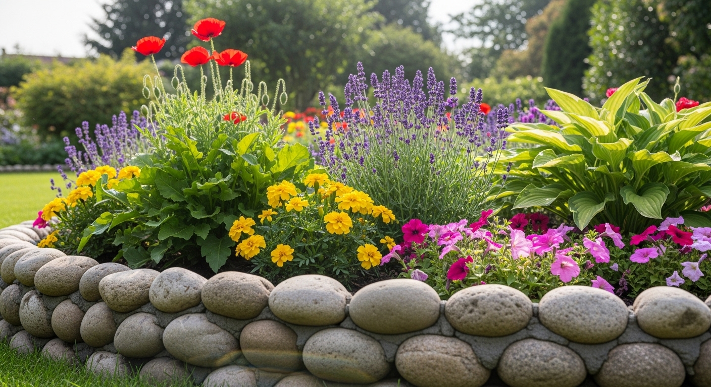 Viền bồn hoa bằng đá cuội lớn được xếp gọn gàng và cố định bằng xi măng, bao quanh bồn hoa rực rỡ sắc màu, tạo điểm nhấn tự nhiên cho khu vườn xanh tươi.