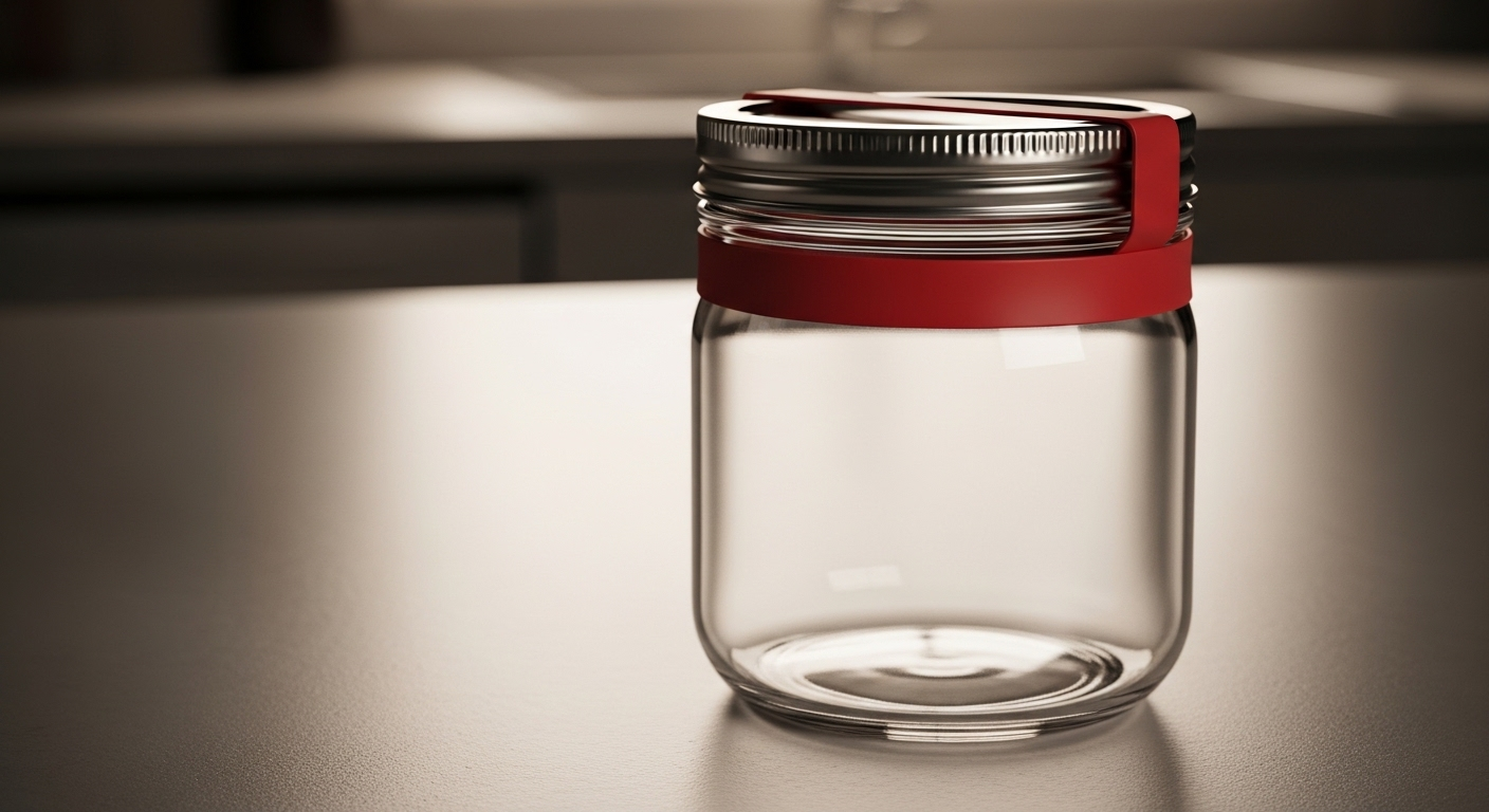 Lọ thủy tinh nắp kim loại, dây nịt chun đỏ quấn quanh nắp tăng độ bám. Một mẹo sử dụng dây nịt chun hữu ích giúp mở lọ dễ dàng trên bàn bếp.