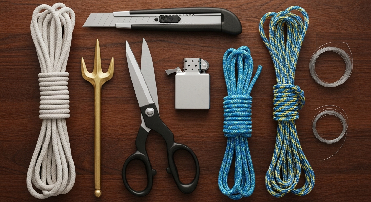 Bố cục phẳng gọn gàng các dụng cụ thắt nút và nhiều loại dây (cotton, nylon, câu cá) trên bàn gỗ tối màu, minh họa việc học và thực hành các kiểu nối dây.