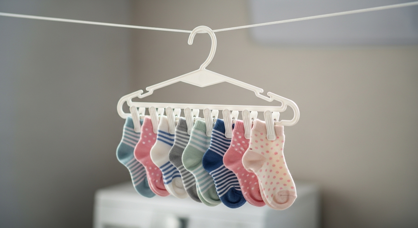 Móc áo nhựa trắng có kẹp giữ tất nhỏ gấp gọn, minh họa cách sử dụng móc áo sáng tạo để phơi hoặc sắp xếp đồ giặt.