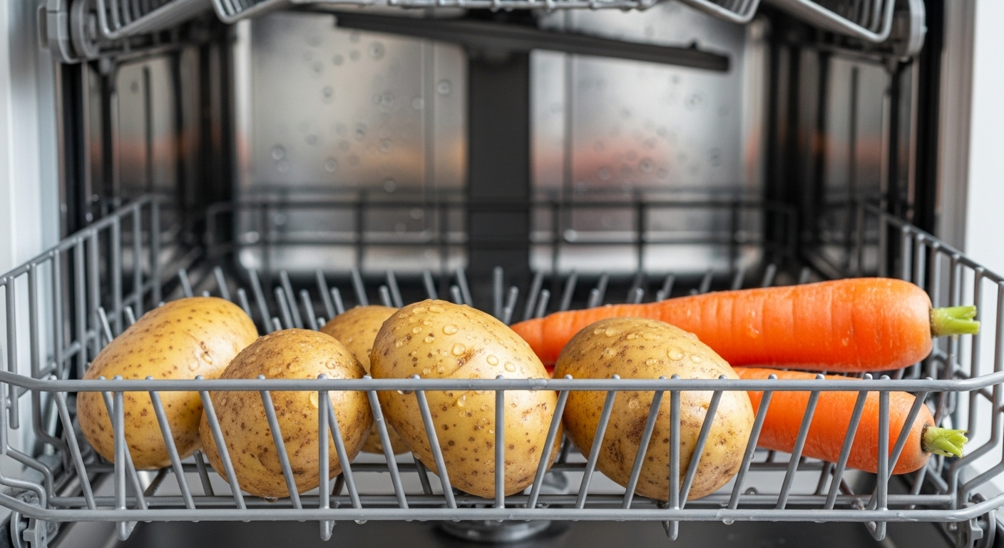 Các dụng cụ vệ sinh bếp bằng nhựa và silicon như miếng bọt biển và cọ rửa bình sữa đang được đặt an toàn trong giá trên của máy rửa bát hiện đại, minh họa rõ ràng đồ gia dụng nên vệ sinh bằng máy rửa bát để đảm bảo sạch sẽ tối ưu.