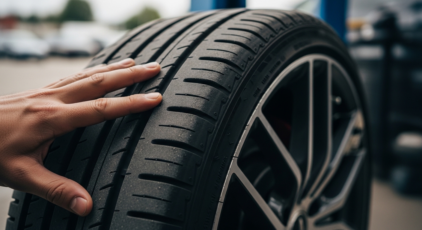 Cận cảnh tay người kiểm tra lốp xe ô tô tỉ mỉ, một bước quan trọng để tránh những điều cần tránh khi mượn xe ô tô và đảm bảo an toàn.