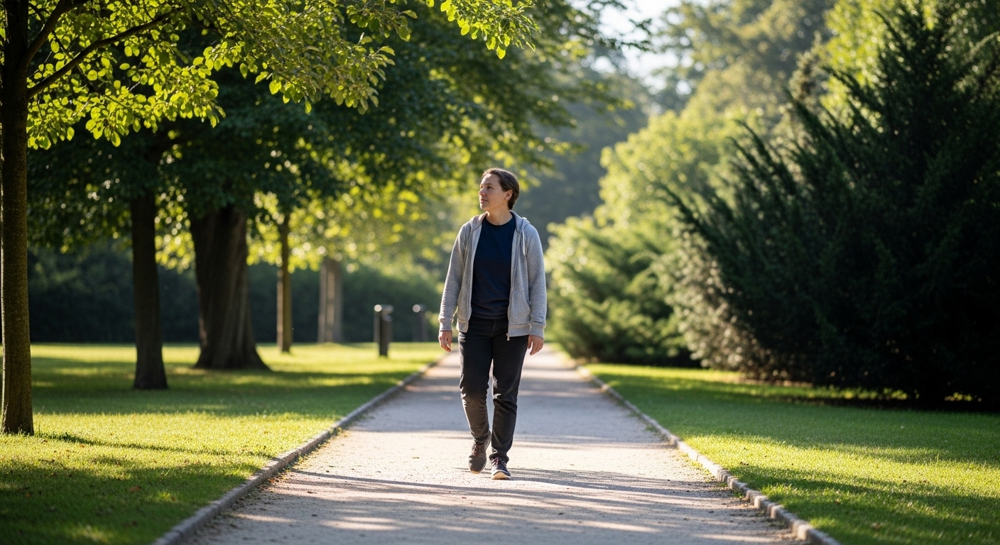 Một người đi bộ trên lối đi công viên vào ban ngày, quan sát xung quanh với thái độ cảnh giác, minh họa mẹo an toàn trong đời sống. Một người đi bộ trên lối đi công viên vào ban ngày, quan sát xung quanh với thái độ cảnh giác, minh họa mẹo an toàn trong đời sống.