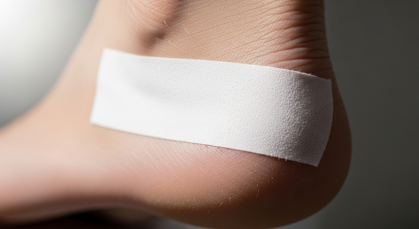 Băng dính y tế trắng dán mịn trên gót chân, thể hiện công dụng của băng dính trong việc bảo vệ da khỏi ma sát.