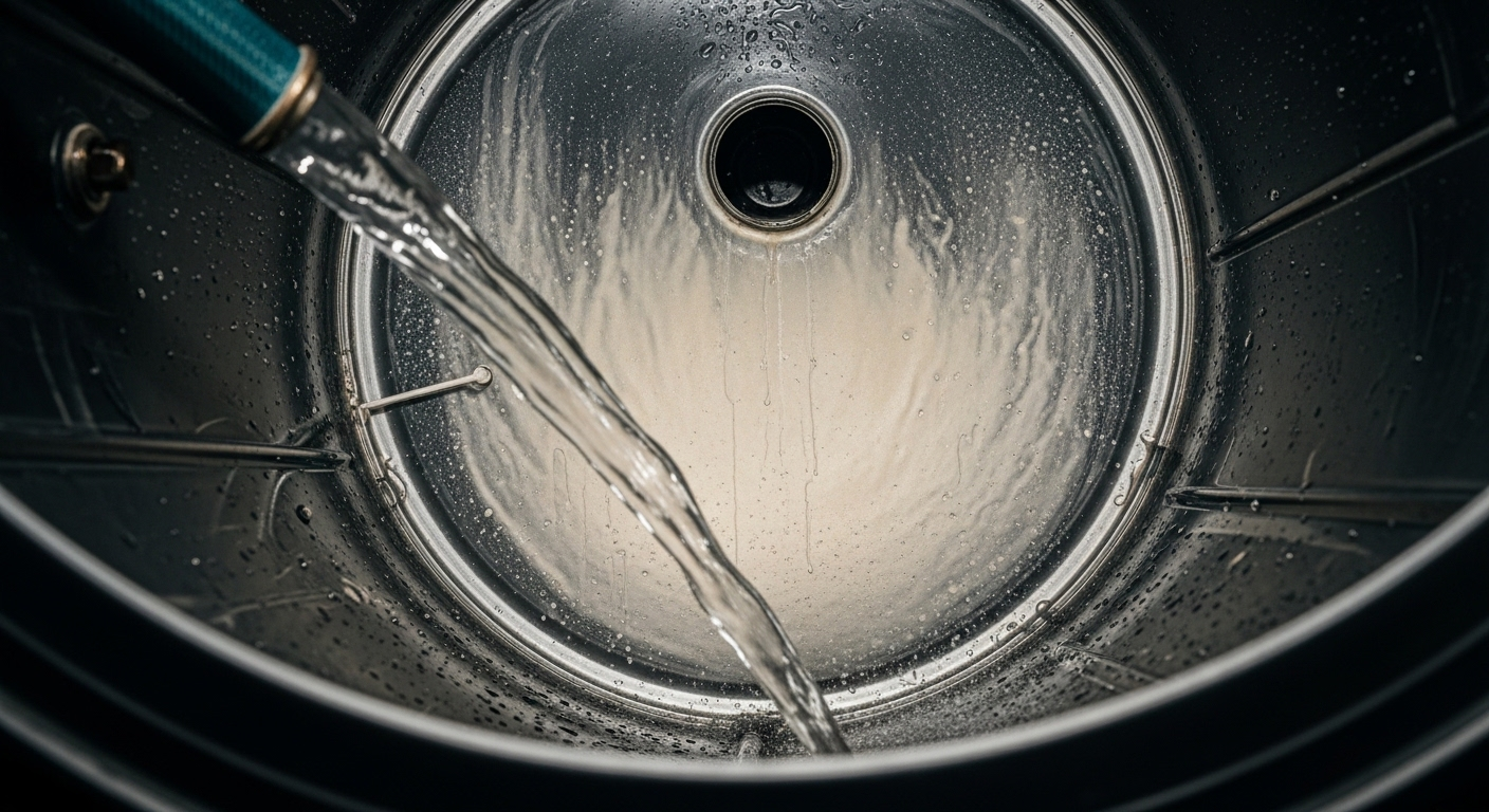 Dòng nước mạnh xả sạch cặn bẩn bám trên thành bình bên trong.