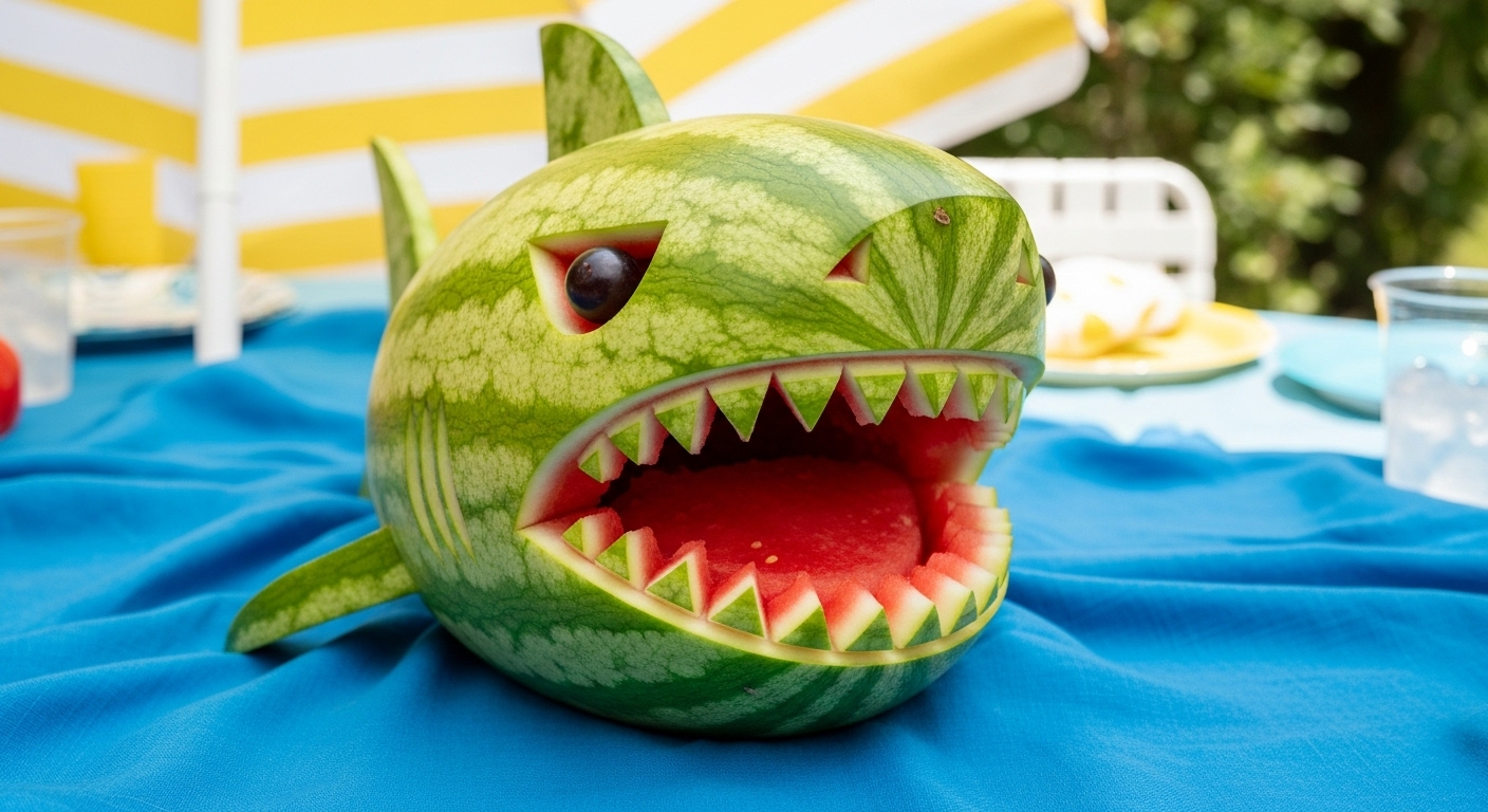 Dưa hấu điêu khắc hình đầu cá mập vui nhộn, miệng mở rộng lộ thịt đỏ tươi và mắt nho, là một ví dụ tuyệt vời về cách cắt tỉa dưa hấu sáng tạo cho tiệc hè.