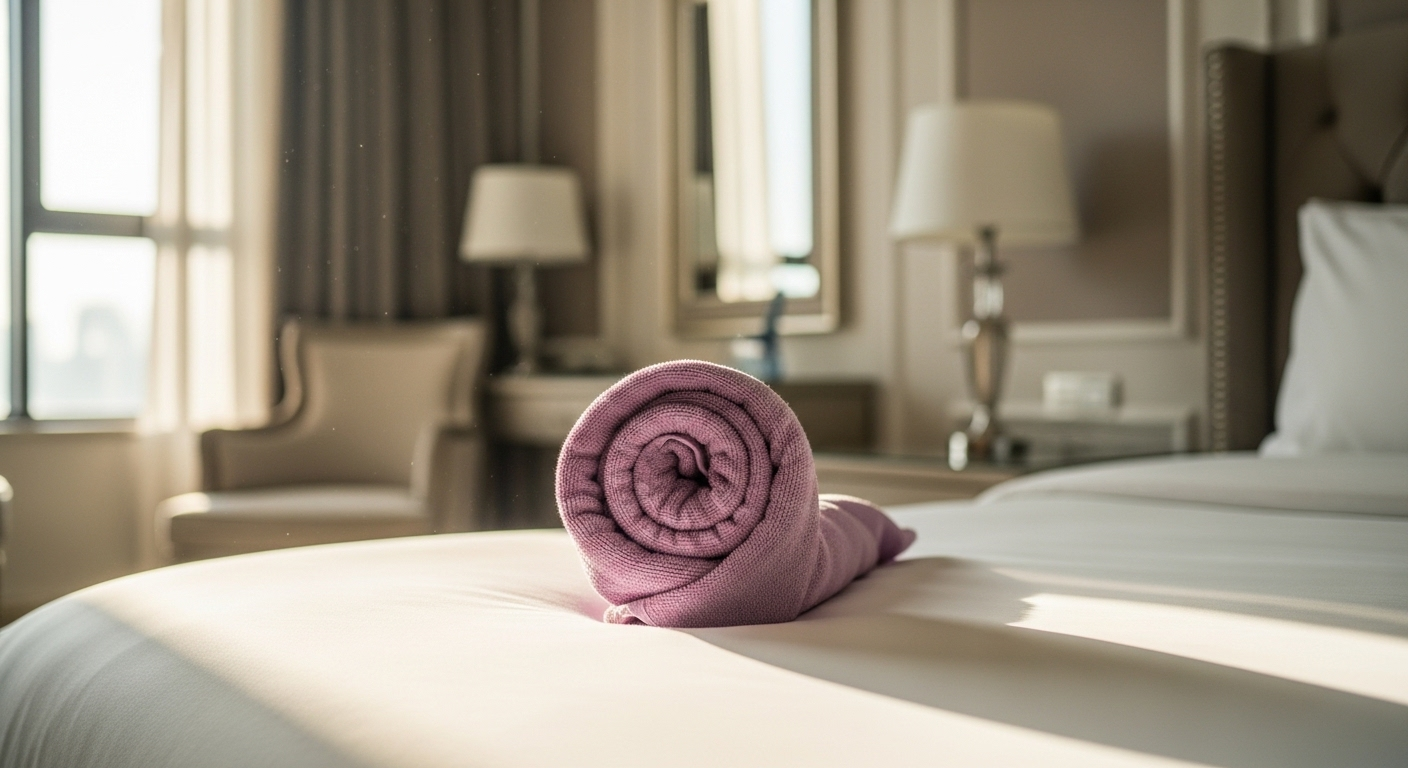 một bông hoa hồng hai tông màu kem và xanh lá nhạt, được gấp tinh xảo từ khăn.