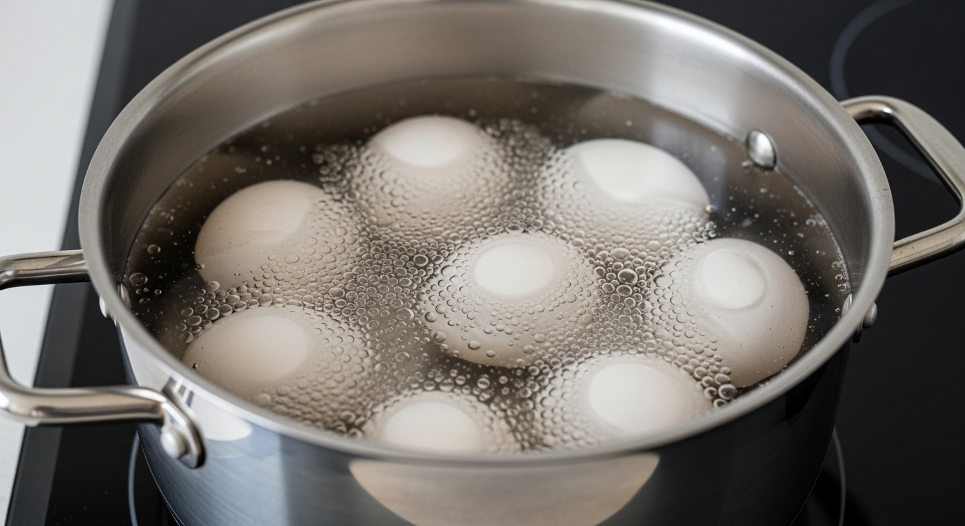 Các quả trứng gà đang luộc sôi nhẹ nhàng trong nồi thép không gỉ trên bếp từ, minh họa cách luộc trứng gà chuẩn và đơn giản. Các quả trứng gà đang luộc sôi nhẹ nhàng trong nồi thép không gỉ trên bếp từ, minh họa cách luộc trứng gà chuẩn và đơn giản.