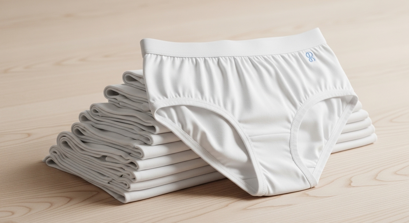 Chồng quần lót cotton trắng sạch tinh tươm, gấp gọn gàng trên bề mặt gỗ sáng. Hình ảnh này gợi nhắc về tầm quan trọng của việc vệ sinh cá nhân đúng cách và tránh những sai lầm khi vệ sinh cơ thể.