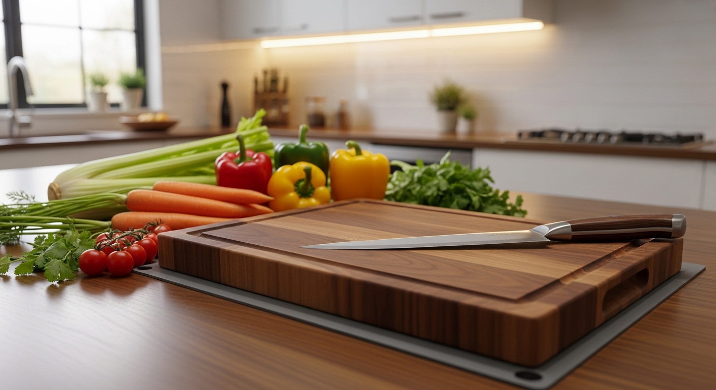 Bàn bếp sạch sẽ, ngăn nắp với thớt gỗ lớn chống trượt, dao đầu bếp sắc bén và rau củ tươi, là không gian lý tưởng để thực hành kỹ thuật cầm dao và cắt thái an toàn khi làm bếp.