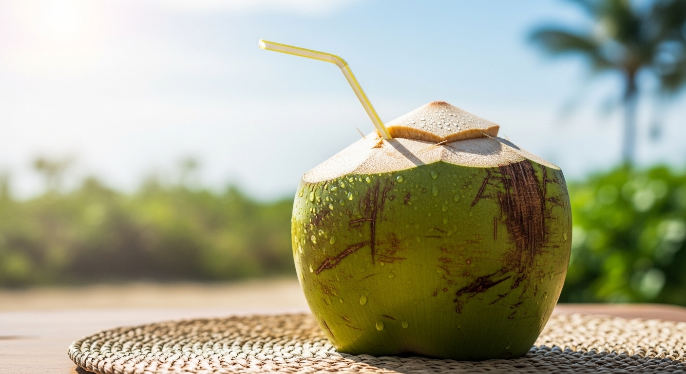 Dừa tươi xanh mát có ống hút màu sáng trên thảm xơ tự nhiên; một lựa chọn giải khát lành mạnh giúp bạn tránh những sai lầm khi uống rượu bia. Dừa tươi xanh mát có ống hút màu sáng trên thảm xơ tự nhiên; một lựa chọn giải khát lành mạnh giúp bạn tránh những sai lầm khi uống rượu bia.