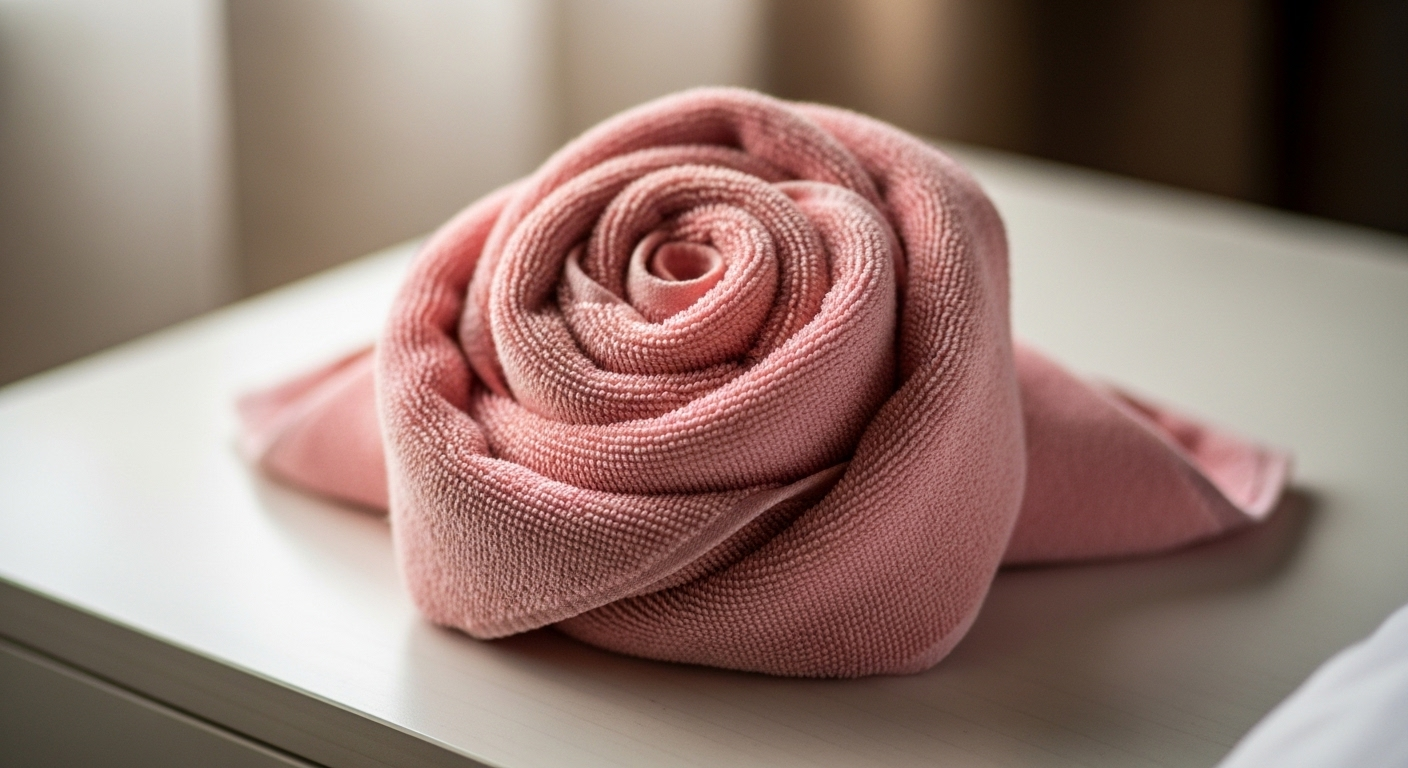 Khăn bông hồng gấp hình hoa hồng tinh xảo, thể hiện nghệ thuật xếp khăn bông. Khám phá các kỹ thuật tương tự như cách gấp con voi từ khăn bông.