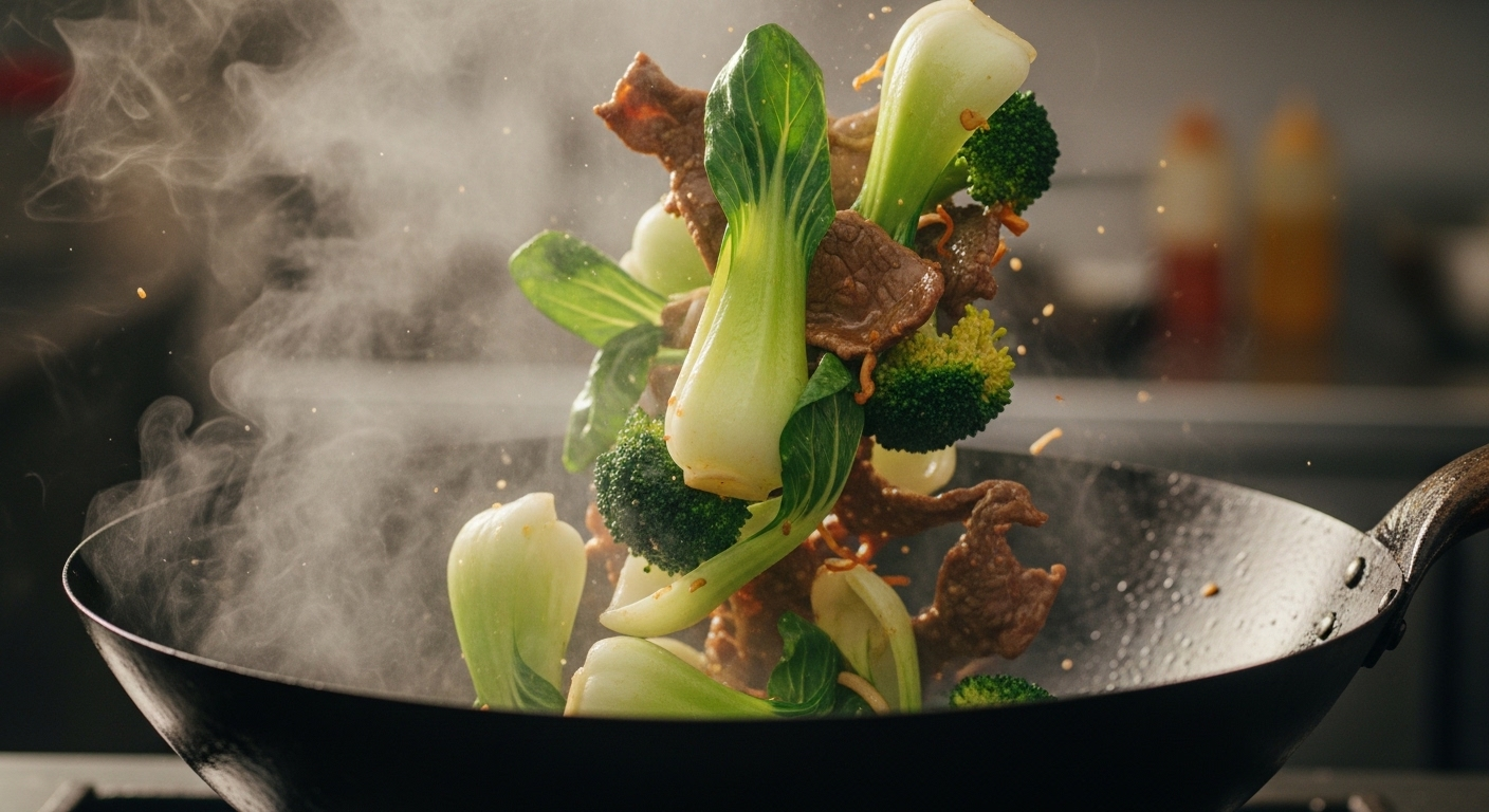 Chảo nóng với cải thìa, bông cải xanh và thịt bò đang được xào nhanh bằng kỹ thuật xóc chảo điêu luyện. Hơi nước bốc lên từ món ăn tươi ngon, đầy màu sắc.