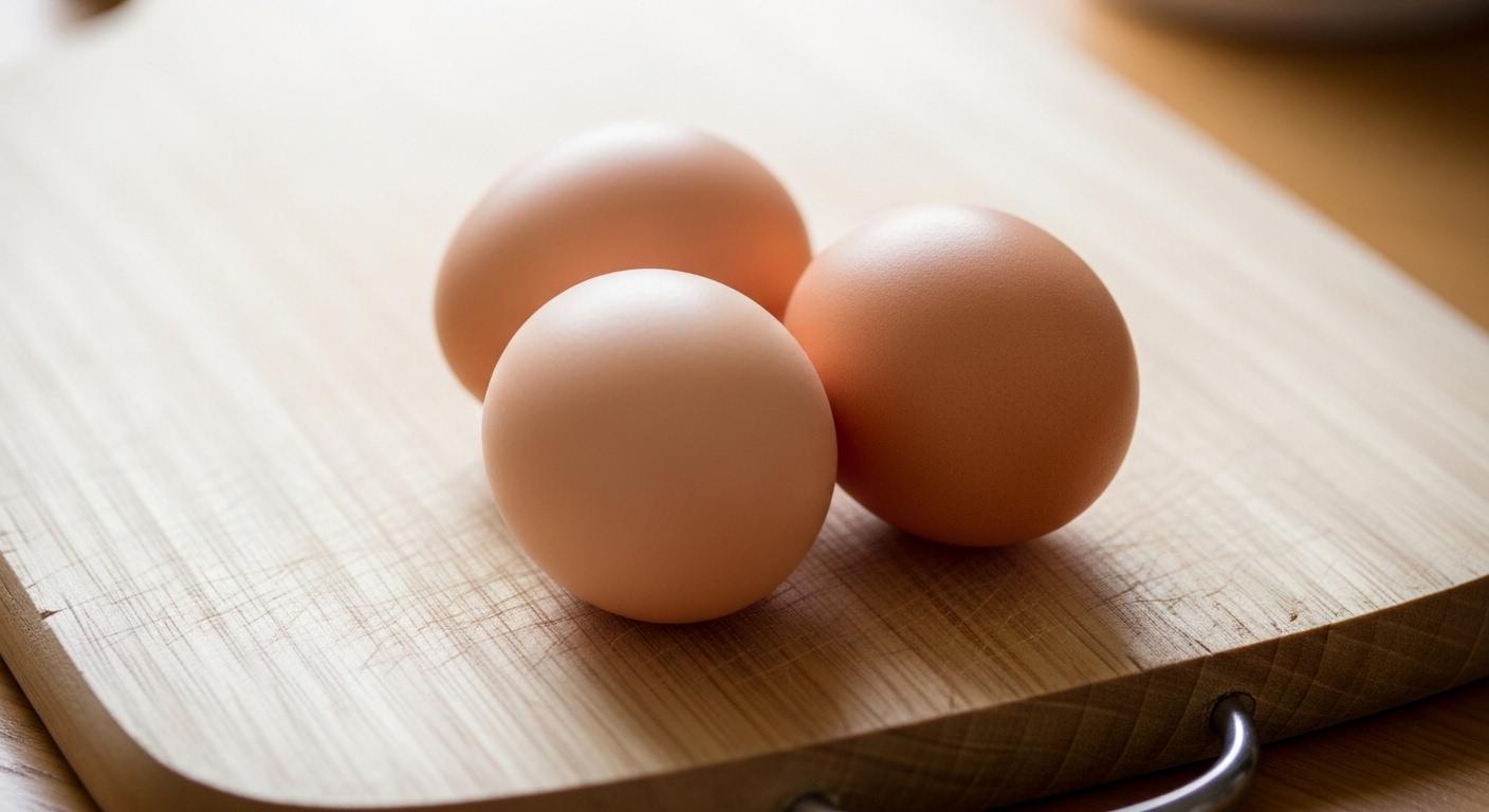 Ba quả trứng gà tươi, vỏ mịn đặt trên thớt gỗ màu sáng, hoàn hảo để học cách đập trứng bằng một tay.