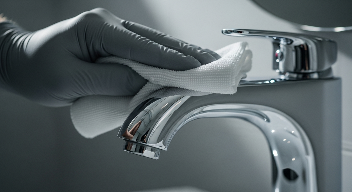 Máy hơi nước tẩy cặn bẩn trên đầu vòi nước mạ crom, minh họa Cách làm sạch bồn rửa mặt và vòi nước chuyên sâu và hiệu quả.