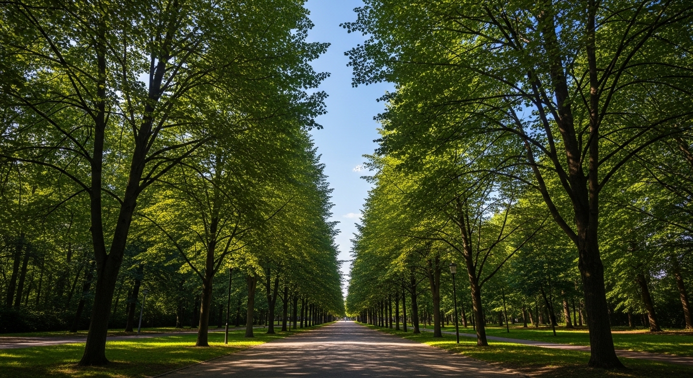 Lối đi công viên xanh mướt, ánh nắng xuyên tán lá tạo khung cảnh thanh bình, lý tưởng cho những mẹo vặt hữu ích về thư giãn và gần gũi thiên nhiên.