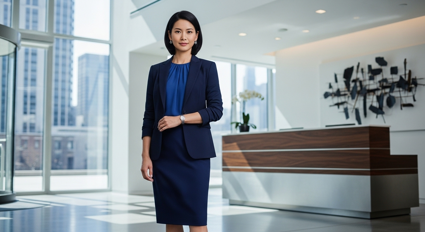 Nữ chuyên gia tự tin trong trang phục công sở đơn sắc xanh đậm gồm blazer và chân váy. Hình ảnh minh họa Quy tắc ăn mặc cần biết cho phong cách chuyên nghiệp.