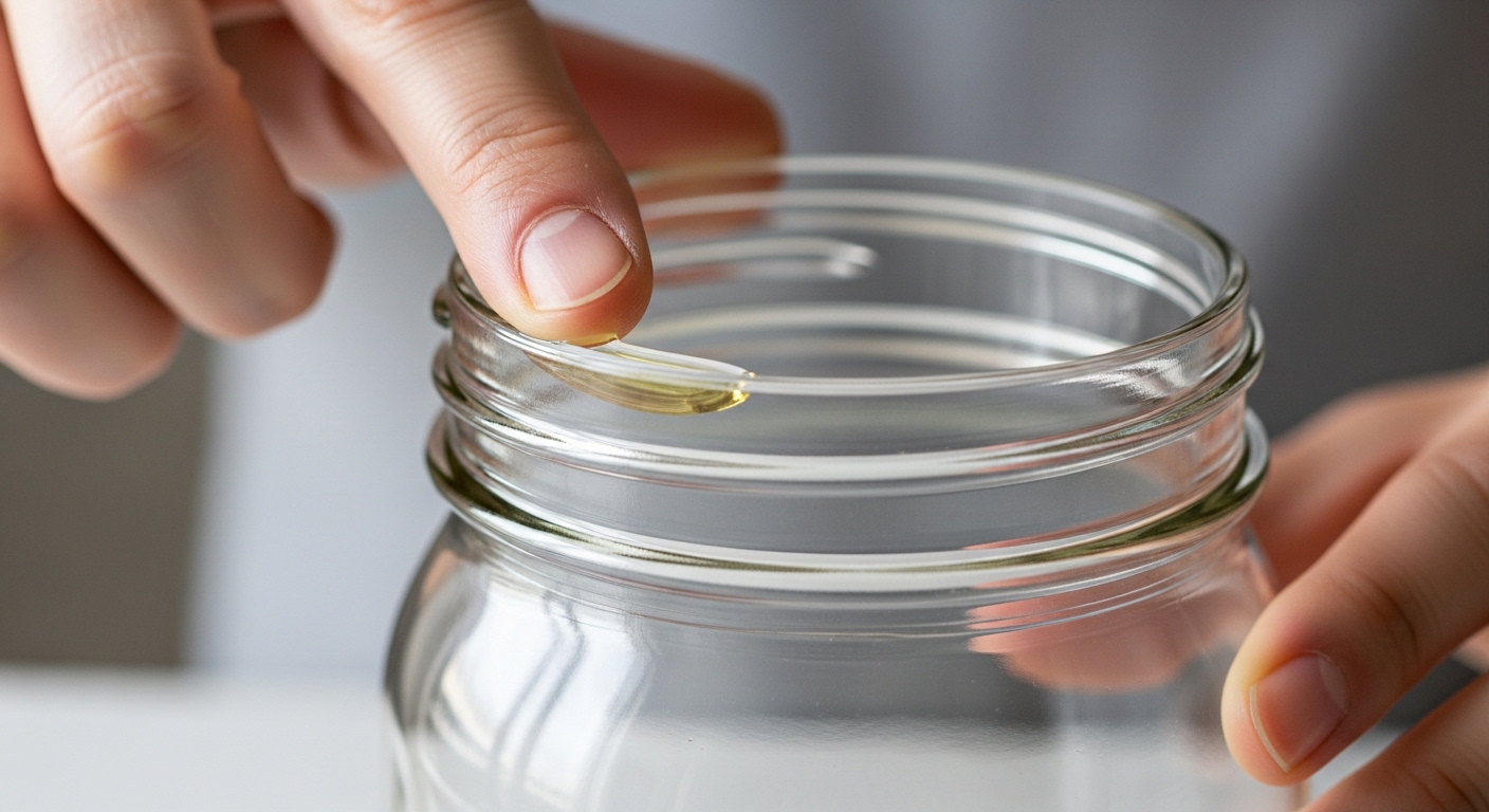 Vỗ nhẹ vào đáy lọ thủy tinh trong suốt nghiêng 45 độ bằng lòng bàn tay trong bếp hiện đại với ánh sáng tự nhiên.