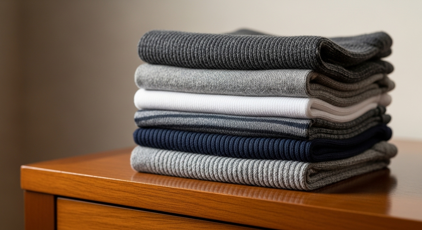 Chồng tất sạch tinh tươm, gấp gọn gàng (xám, xanh navy, trắng) trên tủ gỗ. Biểu tượng của sự tươi mới và hiệu quả khi giặt tất hết mùi hôi.