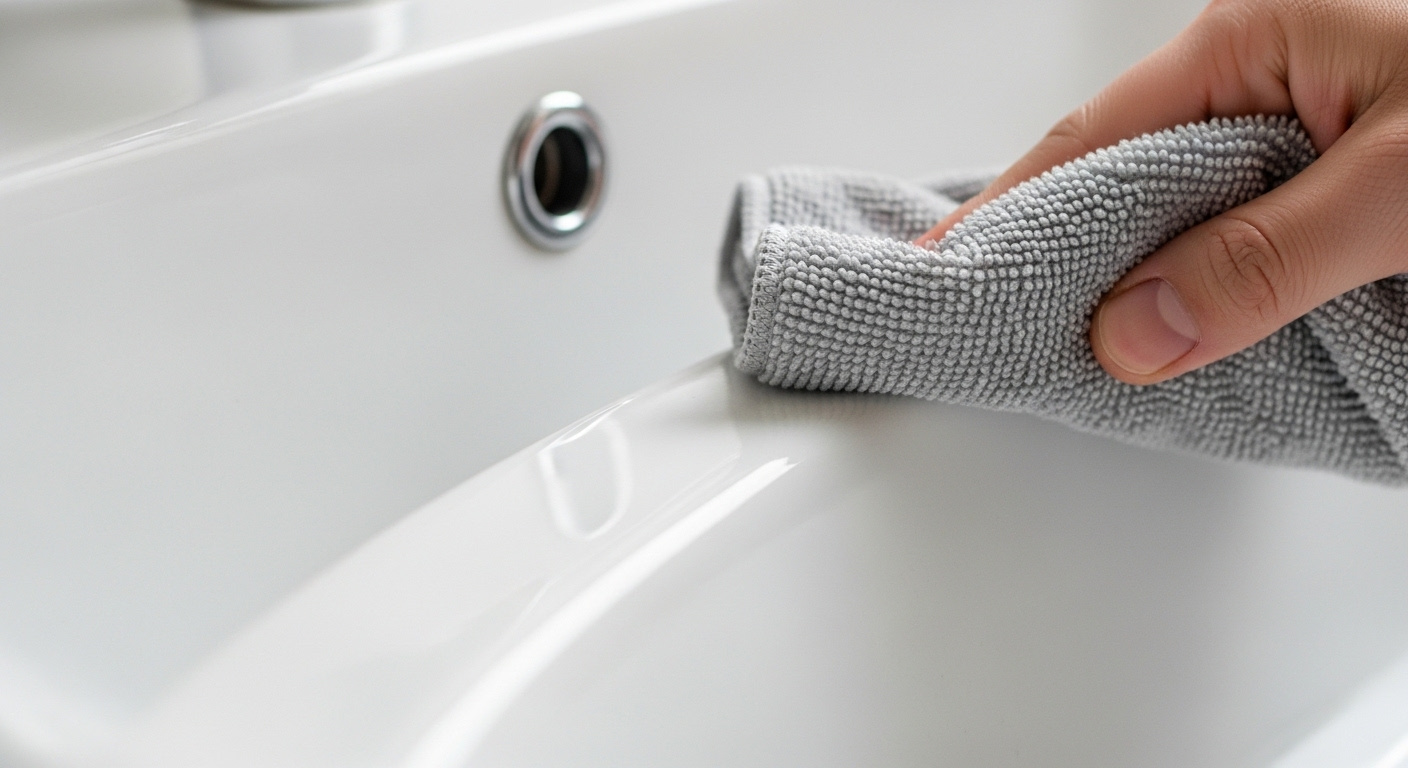 Khăn microfiber mềm mại đang lau sạch bồn rửa mặt sứ trắng sáng bóng, một phần thiết yếu của Cách làm sạch bồn rửa mặt và vòi nước hiệu quả.