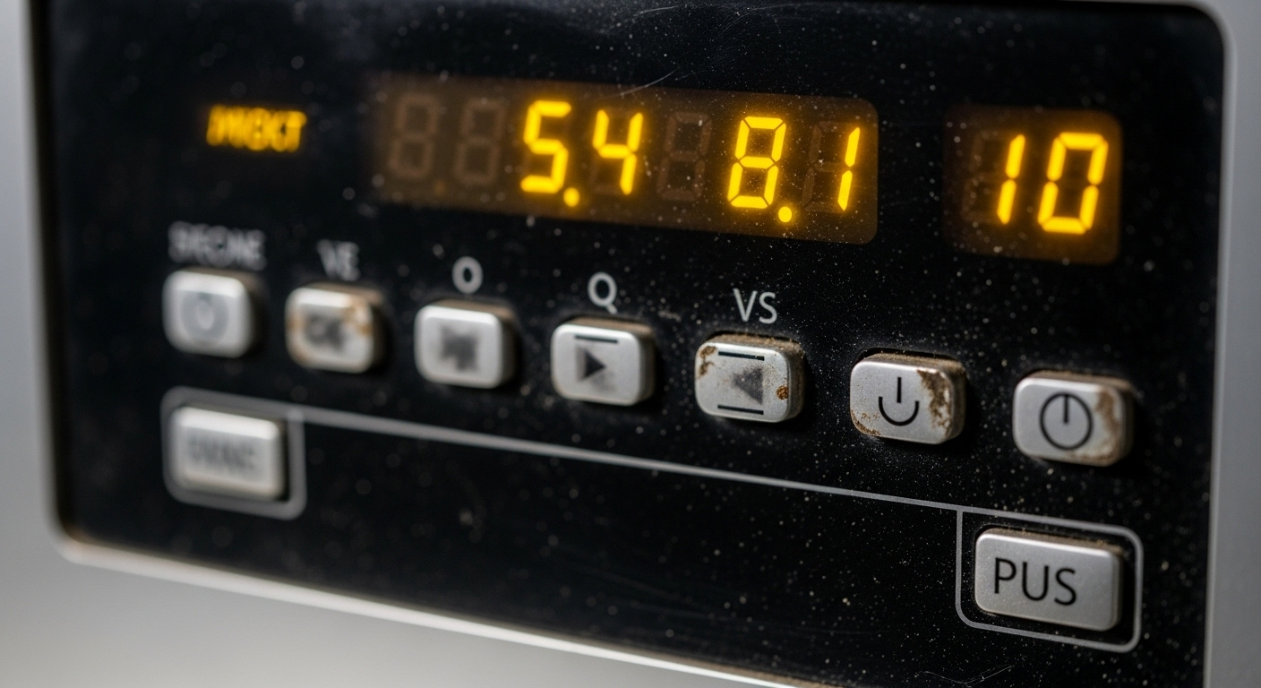 Bảng điều khiển lò vi sóng bị lỗi với màn hình số nhấp nháy và nút bấm bị kẹt, minh họa cho câu hỏi khi nào nên thay lò vi sóng.