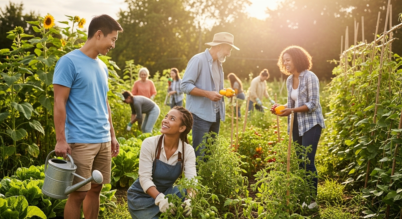 Nhóm người đa dạng vui vẻ làm vườn cộng đồng, cùng chăm sóc cây xanh dưới ánh nắng ấm. Đây là một cách cải thiện sức khỏe tuyệt vời qua hoạt động chung và kết nối xã hội. Nhóm người đa dạng vui vẻ làm vườn cộng đồng, cùng chăm sóc cây xanh dưới ánh nắng ấm. Đây là một cách cải thiện sức khỏe tuyệt vời qua hoạt động chung và kết nối xã hội.