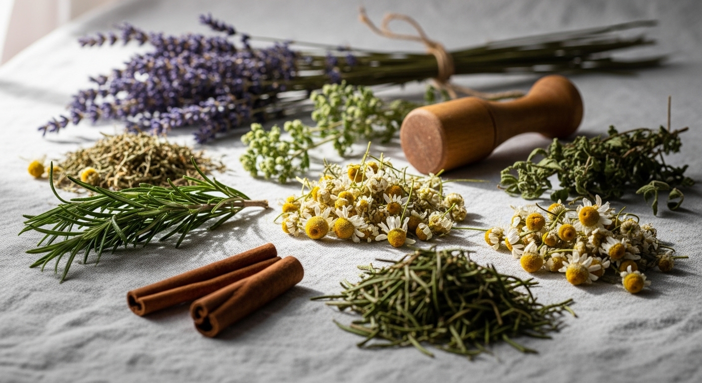 Thảo mộc khô tự nhiên như hoa oải hương, cúc La Mã và chày gỗ, phục vụ cho sức khỏe và wellness tự nhiên.