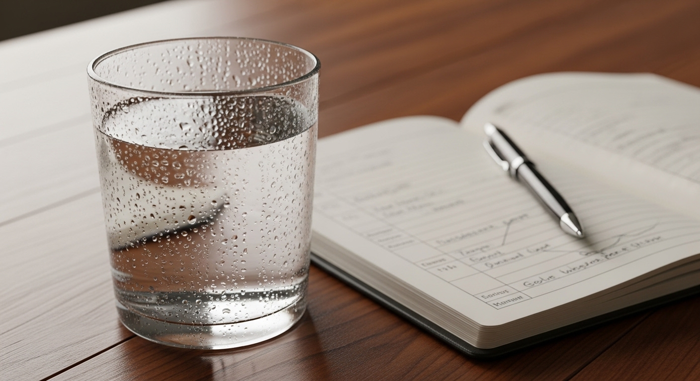Cốc nước mát bên sổ tay và bút trên bàn gỗ, biểu tượng của việc hình thành những thói quen tốt cho sức khỏe.