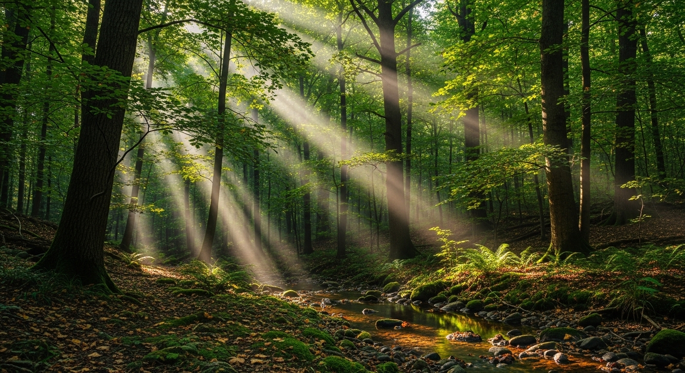 Rừng xanh mướt với ánh nắng xuyên tán cây tạo mảng sáng tối tuyệt đẹp. Khung cảnh thiên nhiên thanh bình này giúp thư giãn tinh thần, một phần quan trọng của cách tự chăm sóc giữ gìn sức khỏe mỗi ngày.