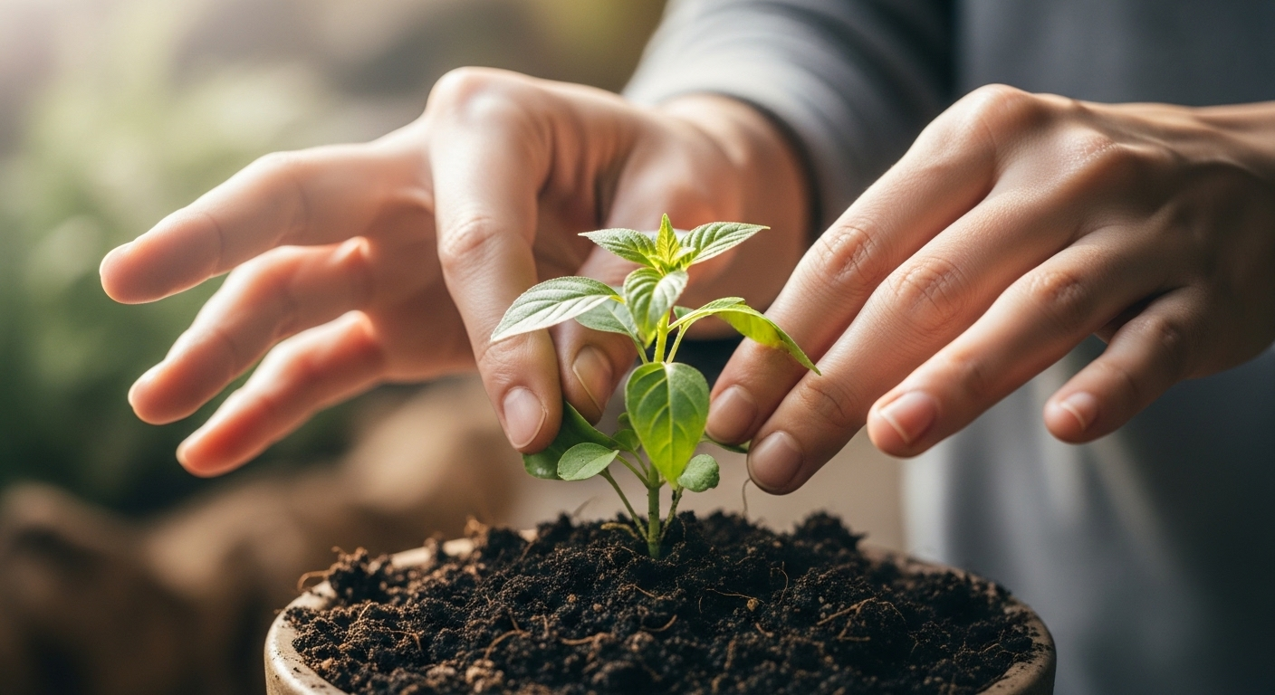 Đôi tay nhẹ nhàng chăm sóc chậu cây xanh mướt dưới ánh nắng dịu, thể hiện sự kết nối thiên nhiên giúp cải thiện sức khỏe.