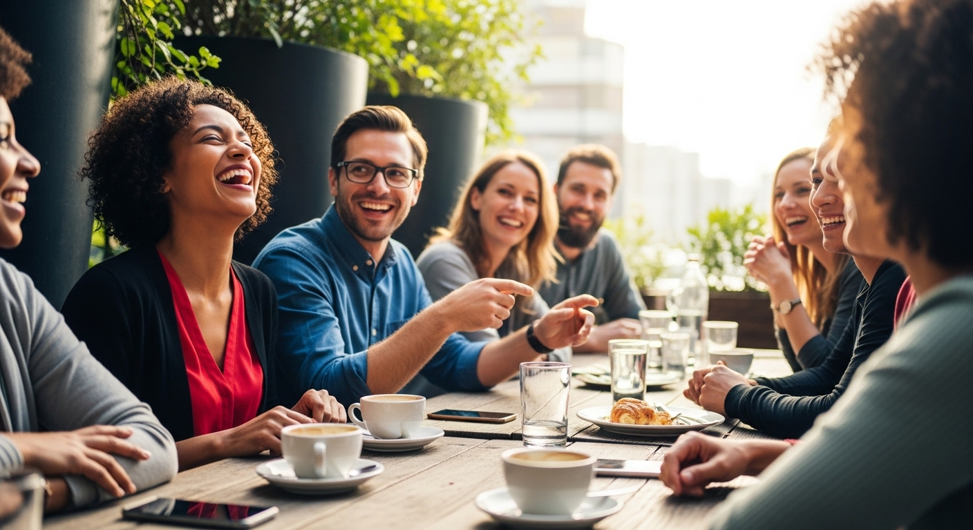 Nhóm người lớn đa dạng cười nói vui vẻ tại quán cà phê ngoài trời tràn ngập ánh nắng, cho thấy tầm quan trọng của kết nối xã hội đối với chăm sóc sức khỏe toàn diện. Nhóm người lớn đa dạng cười nói vui vẻ tại quán cà phê ngoài trời tràn ngập ánh nắng, cho thấy tầm quan trọng của kết nối xã hội đối với chăm sóc sức khỏe toàn diện.