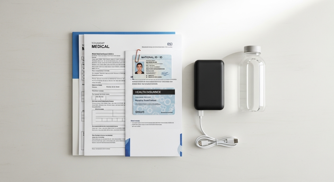 giấy tờ y tế, căn cước công dân, thẻ BHYT, sạc dự phòng và nước uống.