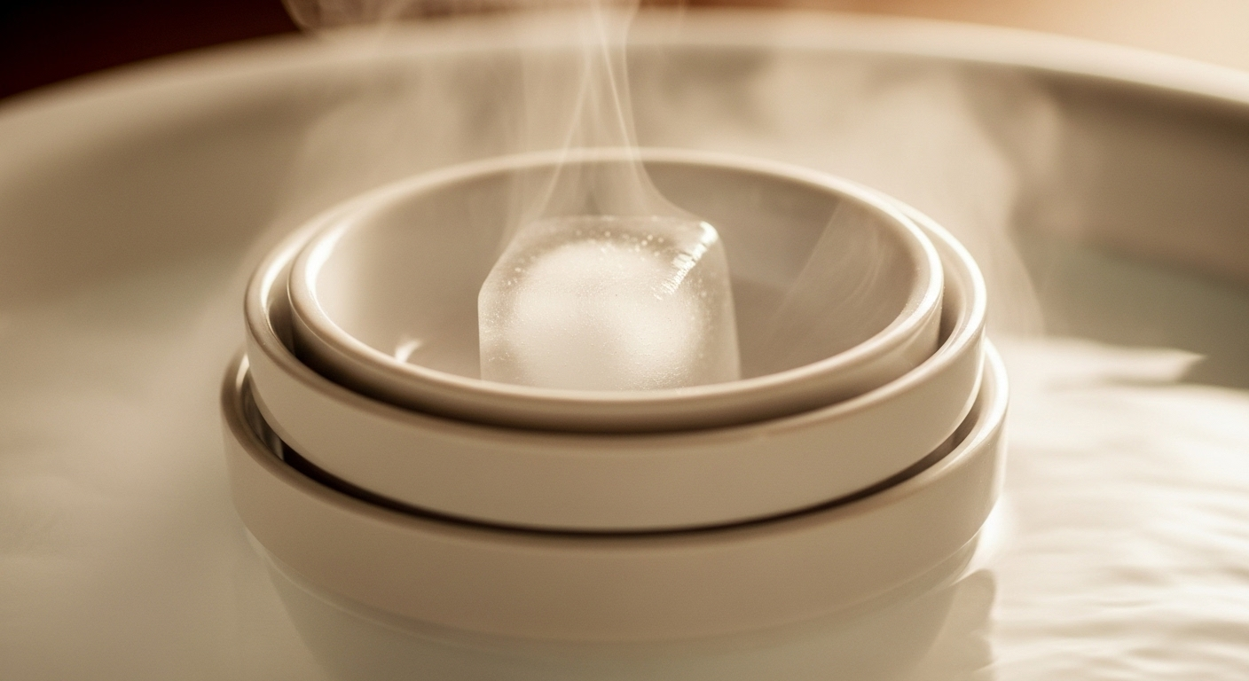 Hai bát sứ trắng lồng vào nhau, bát trên có viên đá, bát dưới ngâm nước ấm với hơi nước bốc lên.