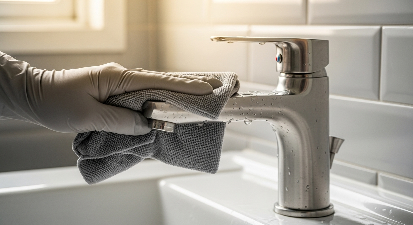 Tay đeo găng cẩn thận lau khô vòi nước inox bằng khăn mềm, giúp vòi luôn sạch bóng. Đây là một cách đơn giản để phòng ngừa và giảm thiểu nhu cầu tìm hiểu cách tẩy cặn canxi trên vòi nước.