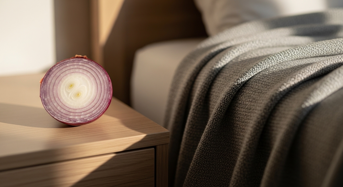 Hành tây cắt lát rõ từng lớp trên tủ đầu giường gỗ cạnh chăn mềm, dưới ánh sáng ban mai dịu nhẹ, gợi ý mẹo sức khoẻ từ thiên nhiên.